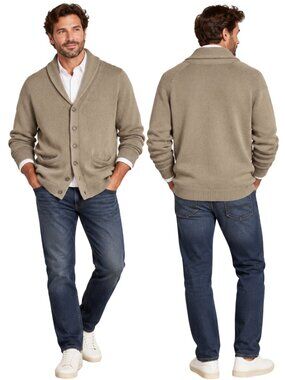 Vintage Lands' End 100% Cotton Shawl Collar Knit Cardigan Sweater Men's XL Tan
